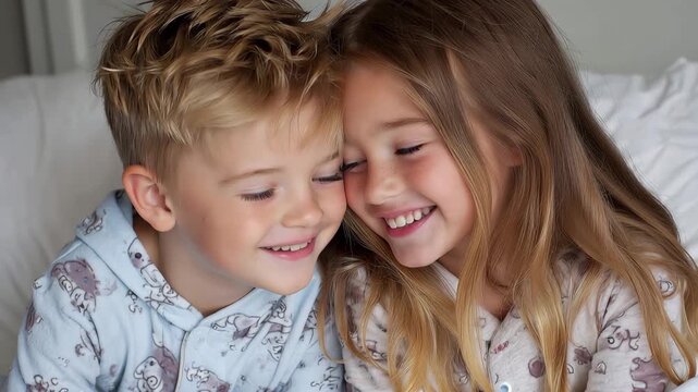 Brother and sister siblings wearing matching pajamas share a joyful moment while making pillow forts in their cozy bedroom during a fun weekend afternoon