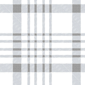 Seamless black and white textured plaid vector pattern with a stippled crosshatch sketch effect for modern apparel, textile, and minimalist background design.