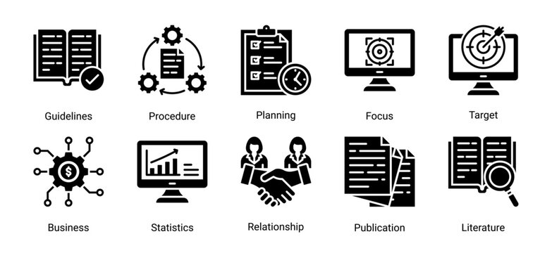 Planning and strategy icon set featuring guidelines,business goals,statistics,and workflow concepts.Suitable for management,corporate planning,and analytical design projects.