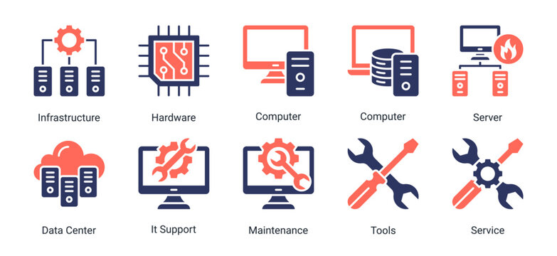 System and infrastructure icon set including hardware,servers,data center,and IT support elements.Ideal for technology,engineering,and system operation design needs.