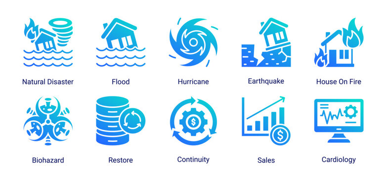 Disaster and recovery icon set including natural hazards,emergency events,and restoration concepts.Ideal for disaster management and emergency response visuals.