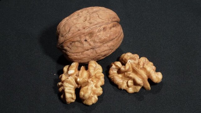 Rotating macro of a single whole walnut in shell isolated on a dark black background. Premium raw organic food concept.