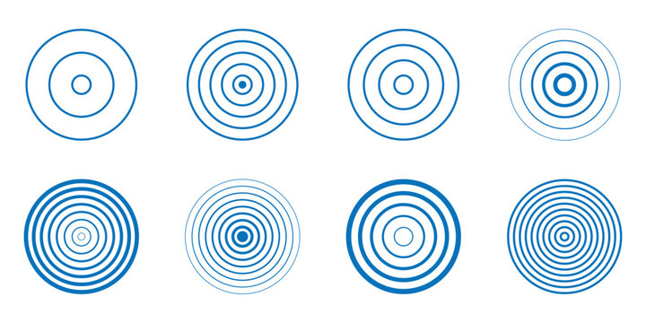 Set of different concentric circles icon. Epicenter, target, radar, sonar icon concept. Vector halftone radial radio signal or vibration element pack. eps 10