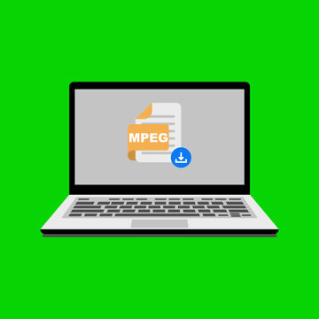 Laptop displaying MPEG file icon with download symbol.
