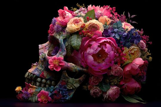 Surreal Human Skull Made of Blooming Colorful Flowers on Black Background, Life and Death Harmony Floral Art Concept