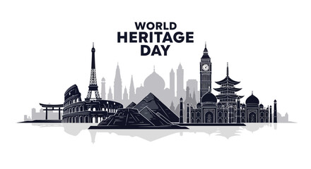 Naklejka premium Silhouetted against a clean white background, a vector illustration commemorates World Heritage Day with iconic historical landmarks showcasing cultural diversity and heritage conservation