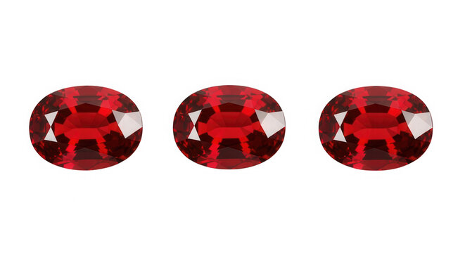 Three oval-shaped red ruby gemstones with brilliant multifaceted cuts and deep crimson color. isolated on transparent background