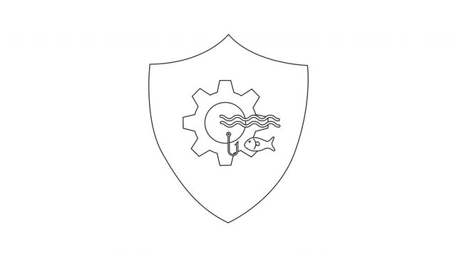Shield Icon with Gear, Fish, and Waves Animation.