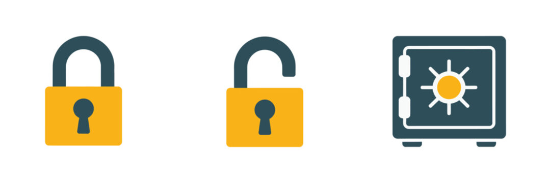 Flat design security icon set featuring closed padlock, open padlock and safe symbols, data protection and safety concepts, modern vector illustration.