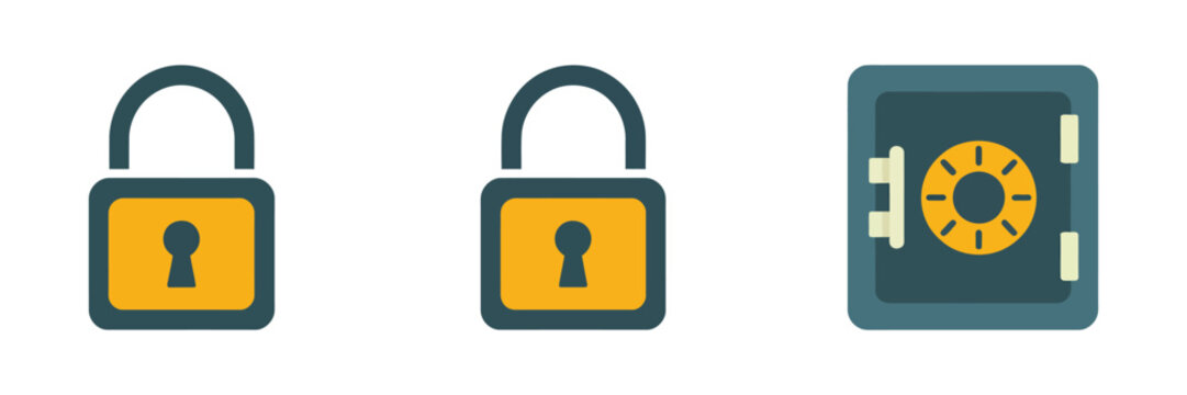 Flat design security icon set featuring closed padlock, open padlock and safe symbols, data protection and safety concepts, modern vector illustration.