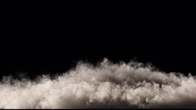 Wide Ground Dust Explosion with Secondary Smoke Puff on Black Background, Horizontal Dirt Blast Effect for Cinematic VFX Compositing