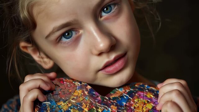Beautiful girl holds a colorful heart-shaped puzzle close to her face while displaying a thoughtful expression