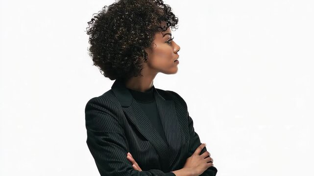 Confident business woman showcasing professionalism with arms crossed in a stylish suit against a clean white transparent background