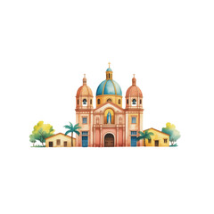 Watercolor illustration of a colonial catholic church building, featuring a cathedral with domes and palm trees in a tropical landscape © Md