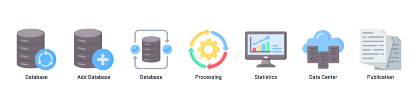 Data Management web banner icon vector illustration with icons of Database, Add Database, Database, Processing, Statistics, Data Center and Publication