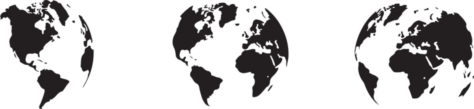 Vector graphic illustration of three black and white globe designs on a white background