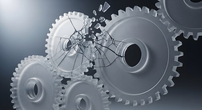 Shattered Transparent Glass Gears Representing System Failure and Fragility in Industrial Mechanism.