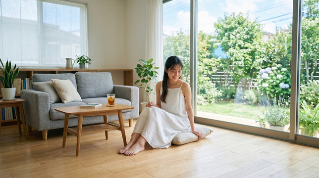 リビングでくつろぐ女性・自然光と庭の緑に癒されるナチュラルな暮らし