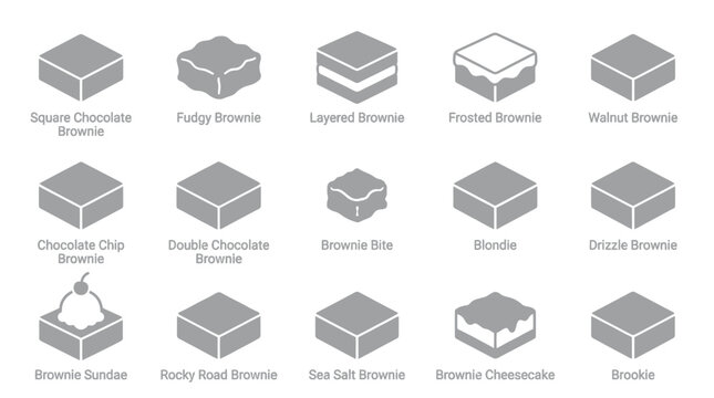 A collection of 16 isometric icons representing various types of brownies and related desserts, presented in a clean, minimalist grey scale.