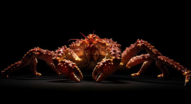 Dramatic studio shot of a giant crab with textured, spiky shell against a black backdrop