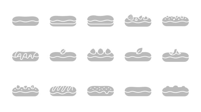Collection of 15 stylized grey icons representing various eclairs with different toppings and designs, presented on a white background.