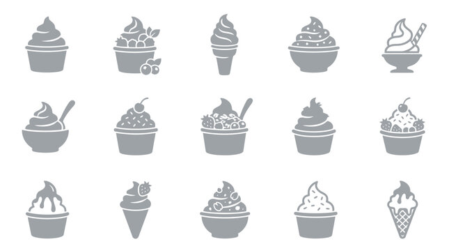 A collection of 15 stylized, monochromatic grey icons representing various types of ice cream desserts, including soft serve cones, sundaes, and cups with toppings.