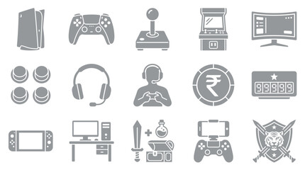 Collection of gaming icons and symbols representing various aspects of video games and digital entertainment. © yuanita