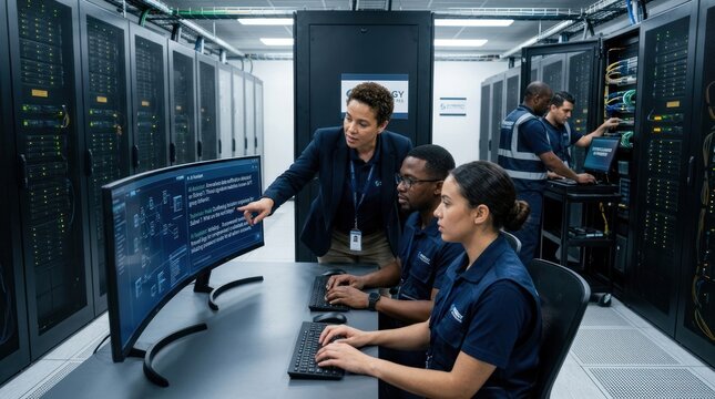 Two technicians and a woman are examining a large monitor in a data center. They are reviewing data on the screen and discussing it with each other.