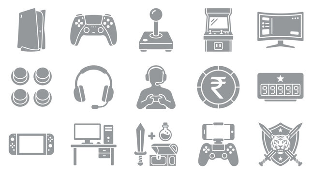 Collection of gaming icons and symbols representing various aspects of video games and digital entertainment.