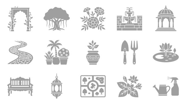 A collection of garden-themed icons, including an archway, banyan tree, fountain, gazebo, winding path, potted plants, watering can, and bench.