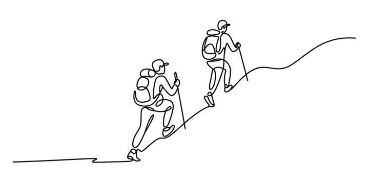 Continuous line drawing of two backpackers hiking up a steep hill together in nature activity Vector, illustration
