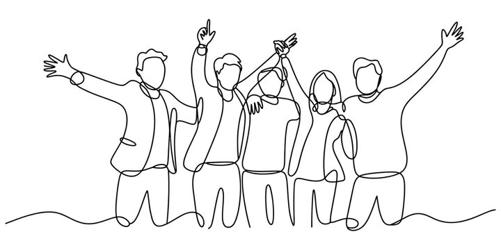 continuous line art A group of five people celebrating their victory together with their arms raised high in the air