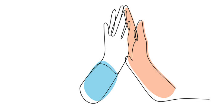 Continuous line drawing of two hands meeting in a high five gesture of success and teamwork