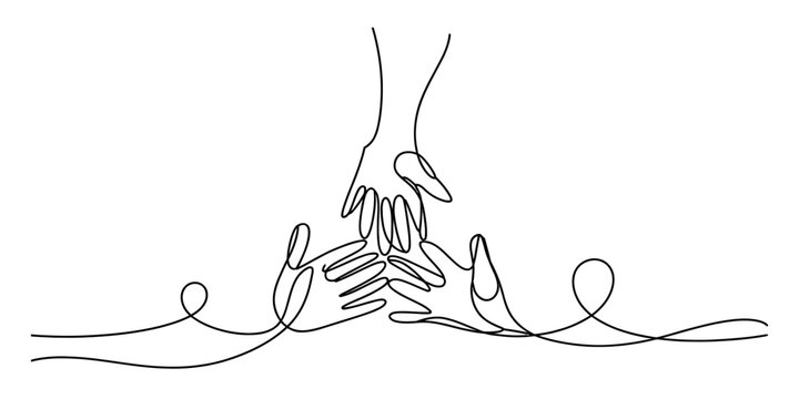 A minimalist continuous line art drawing of three hands coming together for unity and teamwork Vector, illustration