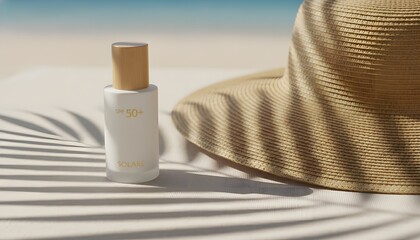 Obraz premium White sunscreen bottle and straw hat with palm shadows on a beach for a sunburn prevention and skin health concept during a tropical summer vacation
