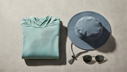 Naklejka premium Uv protection clothing featuring a hooded shirt, wide brim hat, and sunglasses on canvas for sun safety concept and outdoor skin care preparation