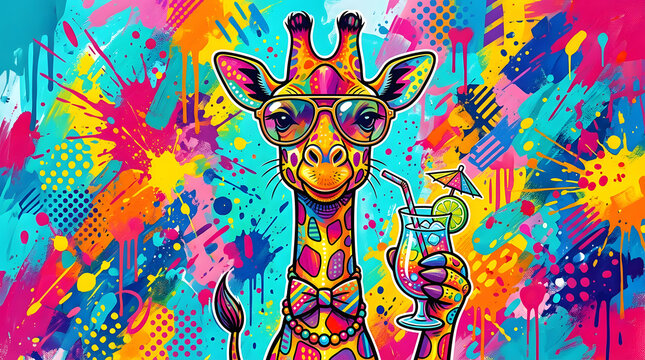 6. Neon Pop Art Giraffe with Sunglasses, Modern Colorful Animal Artwork