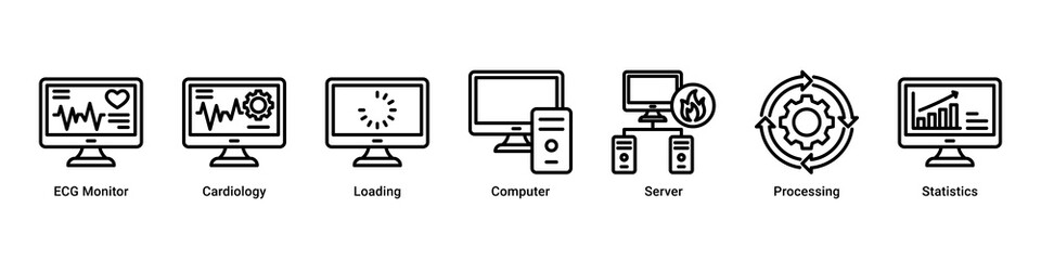 Plakat System Monitoring web banner icon vector illustration with icons of ECG Monitor, Cardiology, Loading, Computer, Server, Processing and Statistics
