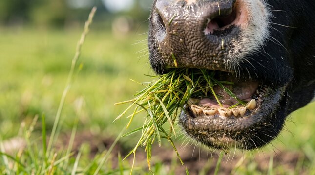 Close-up of a cow eating fresh green grass in a field, showing its mouth and teeth.
