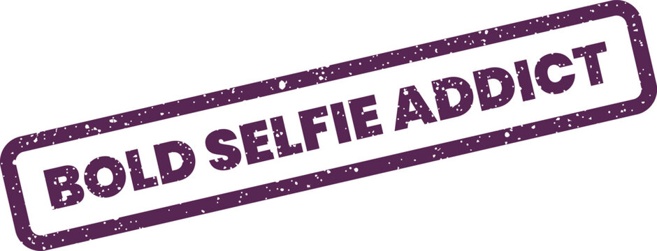 Distressed grunge rubber stamp showing the emphatic phrase Selfie Addict within a rectangular border, great for social media themes