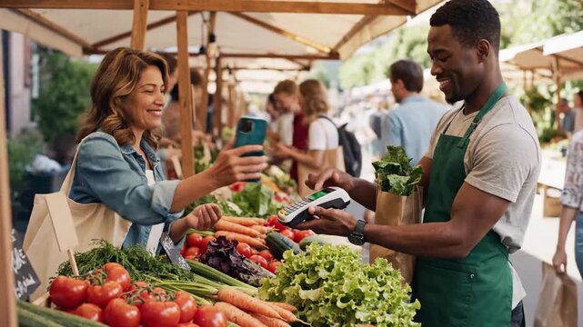 Contemporary woman shopper utilizing mobile device for wireless transaction purchasing natural produce at an outdoor bazaar with a merchant presenting a digital financial handheld device.