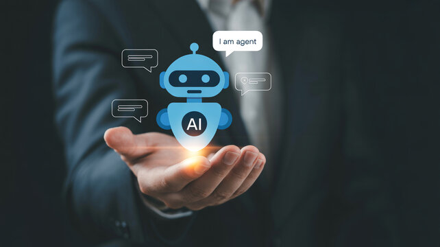 Futuristic virtual assistant concept showing glowing ai robot agent floating above open palm of person in suit for customer support automated service and modern chat bot technology.