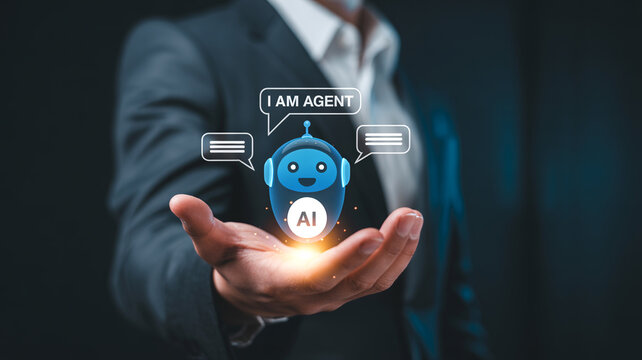 Man in formal suit presenting friendly ai chatbot agent mascot for intelligent customer service interaction and personalized digital assistance in modern business communication systems.