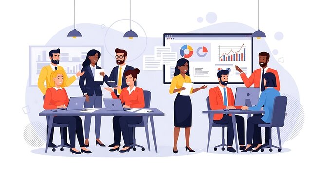 A team of diverse professionals collaborate in a modern office, analyzing data and discussing strategy around tables and monitors