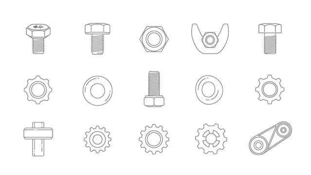 Mechanical hardware components line icon set with bolts nuts and gears.