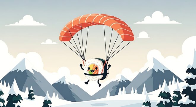 A cartoon sushi roll with a parachute, floating above snowy mountains under a cloudy sky. The sushi has arms and a happy face