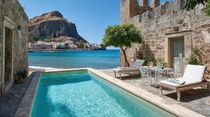 Fototapeta premium Coastal villa scene with pool overlooking sea and mountain landscape