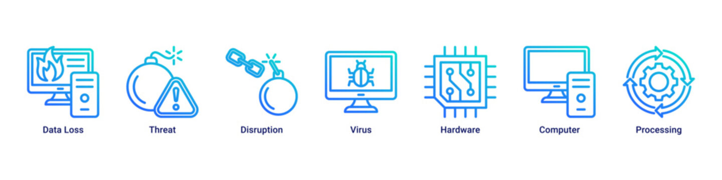 System Failure web banner icon vector illustration with icons of Data Loss, Threat, Disruption, Virus, Hardware, Computer and Processing
