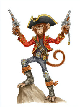 A cartoon monkey pirate in a red jacket and tricorn hat, holding two pistols, standing on a rock.