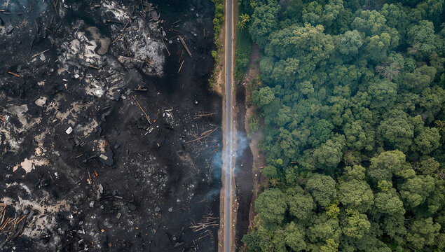 焼失地と熱帯雨林の境界が広がる山火事被害の空撮写真